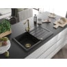 Mexen Bruno granite sink 1-bowl with drainer and Duero kitchen tap, black - 6513-77-671600-50