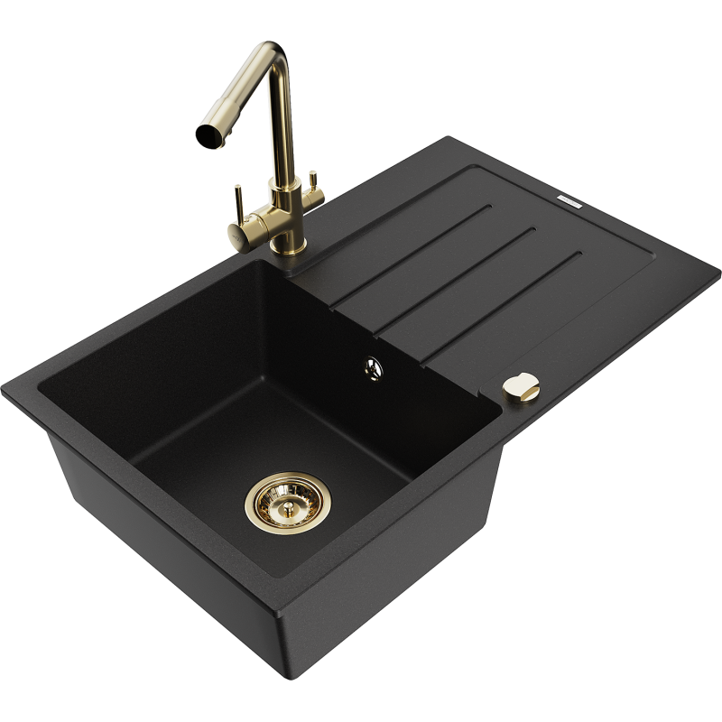 Mexen Bruno 1-compartment granite sink with a drip tray and kitchen mixer tap Duero, Black - 6513-77-671600-50