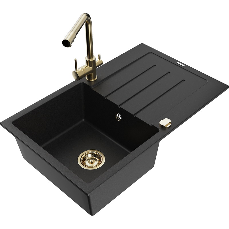 Mexen Bruno granite kitchen sink with drainer and kitchen faucet Duero, black - 6513-77-671600-50