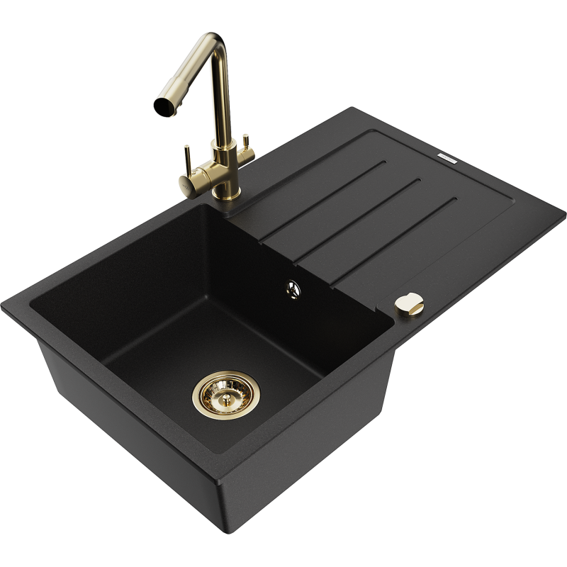Mexen Bruno granite sink 1-bowl with drainer and Duero kitchen tap, black - 6513-77-671600-50