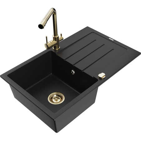 Mexen Bruno granite kitchen sink, 1-bowl with drainer and kitchen faucet Duero, black - 6513-77-671600-50