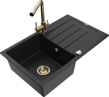 Mexen Bruno granite sink 1-bowl with drainer and Duero kitchen tap, black - 6513-77-671600-50