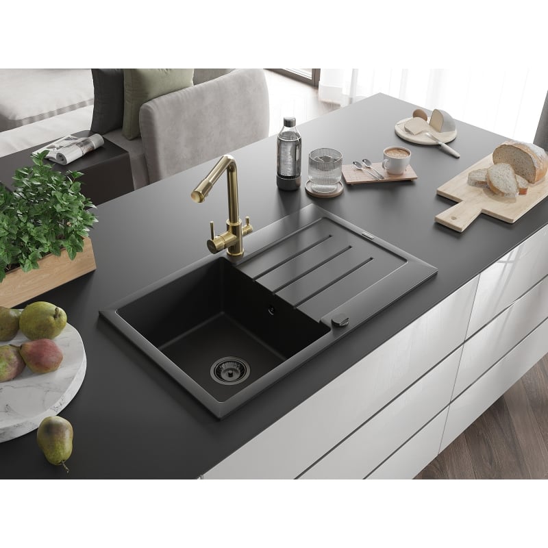 Mexen Bruno 1-bowl granite sink with drainer and Duero kitchen faucet, black - 6513-77-671600-50-B