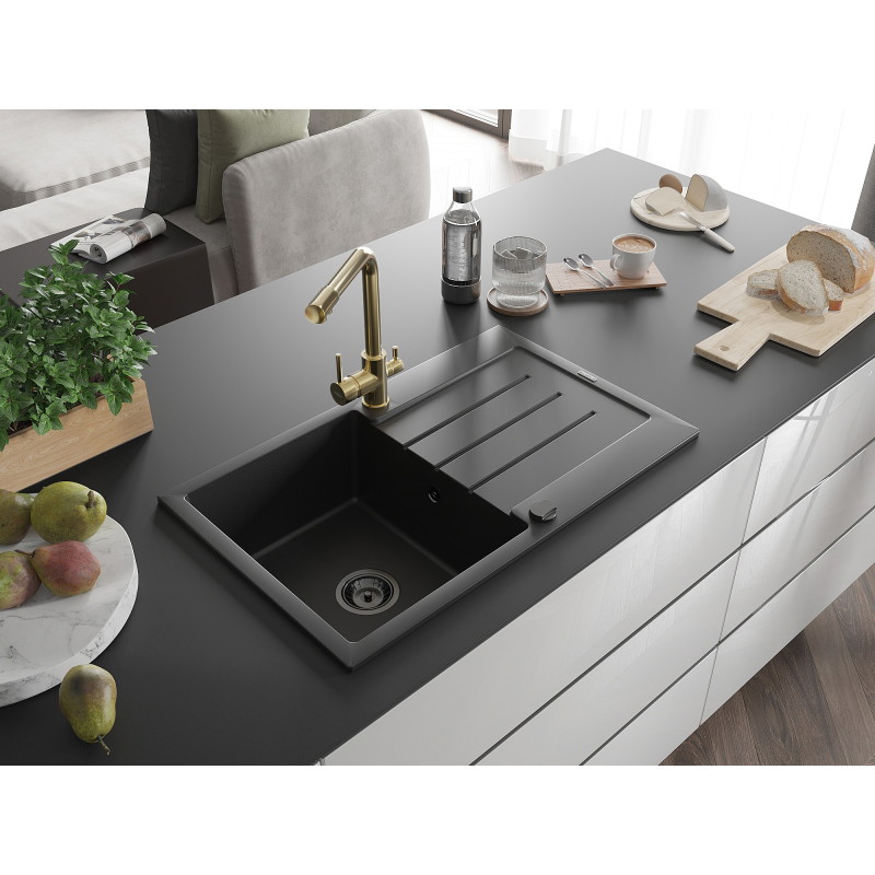 Mexen Bruno granite sink 1-bowl with drainer and kitchen faucet Duero, black - 6513-77-671600-50-B