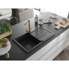 Mexen Bruno 1-bowl granite sink with drainer and Duero kitchen faucet, black - 6513-77-671600-50-B