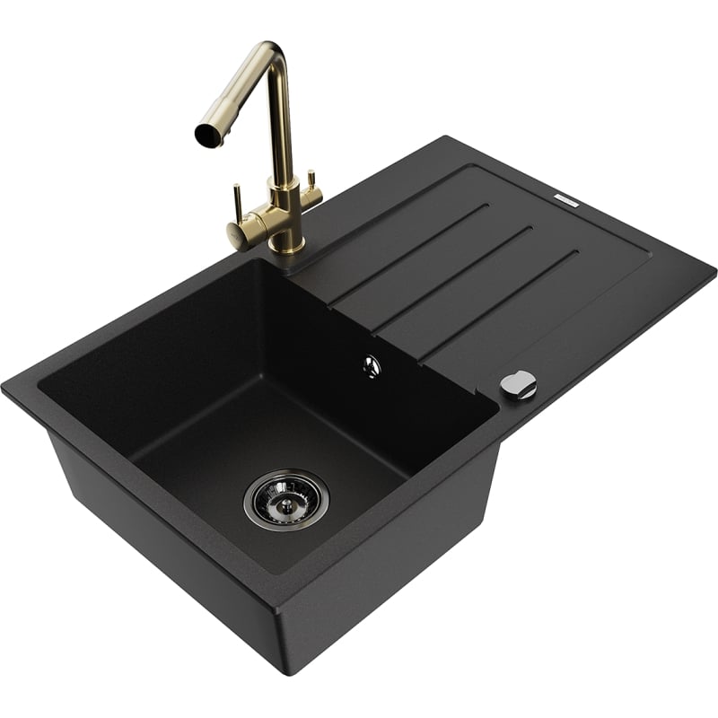 Mexen Bruno 1-bowl granite sink with drainer and Duero kitchen faucet, black - 6513-77-671600-50-B