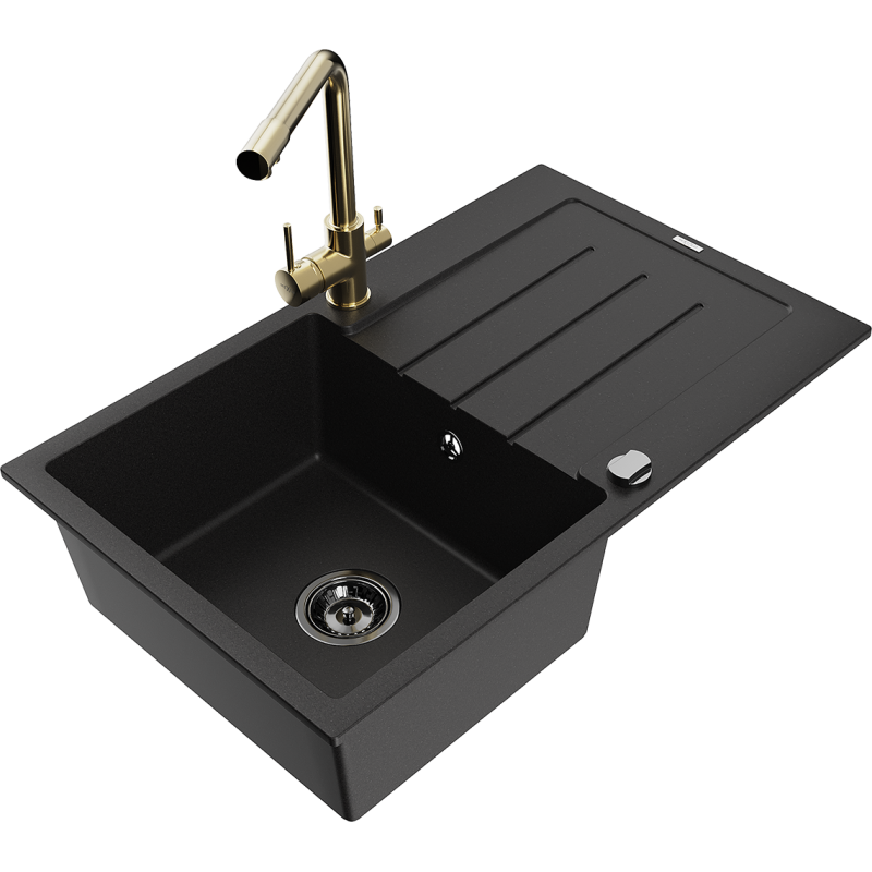 Mexen Bruno 1-compartment granite sink with a drip tray and kitchen mixer tap Duero, Black - 6513-77-671600-50-B