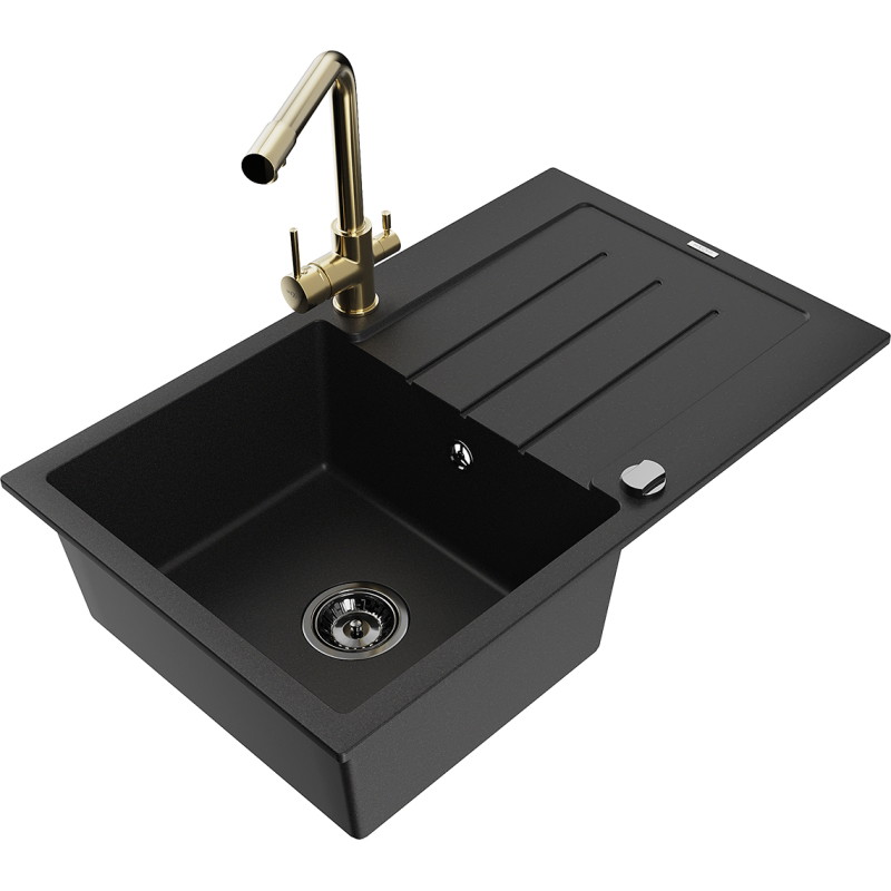 Mexen Bruno granite sink 1-bowl with drainer and kitchen faucet Duero, black - 6513-77-671600-50-B