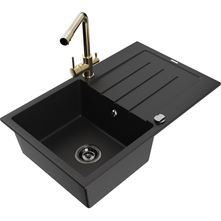 Mexen Bruno 1-bowl granite sink with drainer and Duero kitchen faucet, black - 6513-77-671600-50-B