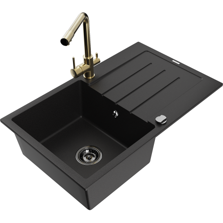 Mexen Bruno granite sink 1-bowl with drainer and kitchen faucet Duero, black - 6513-77-671600-50-B