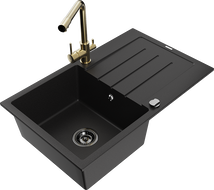 Mexen Bruno granite sink, 1-bowl with drainer and Duero kitchen tap, black - 6513-77-671600-50-B