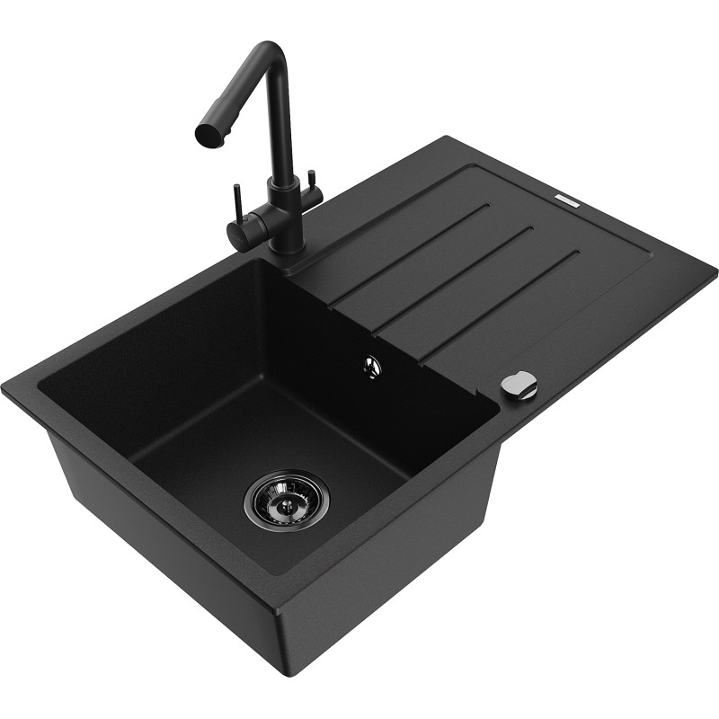 Mexen Bruno Single-bowl granite sink with drainer and Duero kitchen faucet, black - 6513-77-671600-70-B