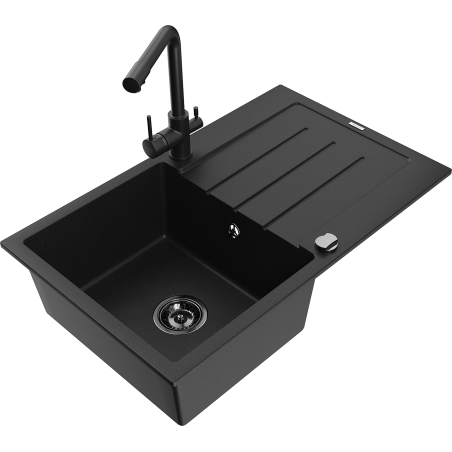 Mexen Bruno 1-compartment granite sink with a drip tray and kitchen mixer tap Duero, Black - 6513-77-671600-70-B