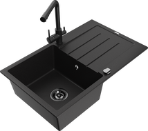 Mexen Bruno 1-bowl granite sink with drainer and Duero kitchen faucet, black - 6513-77-671600-70-B