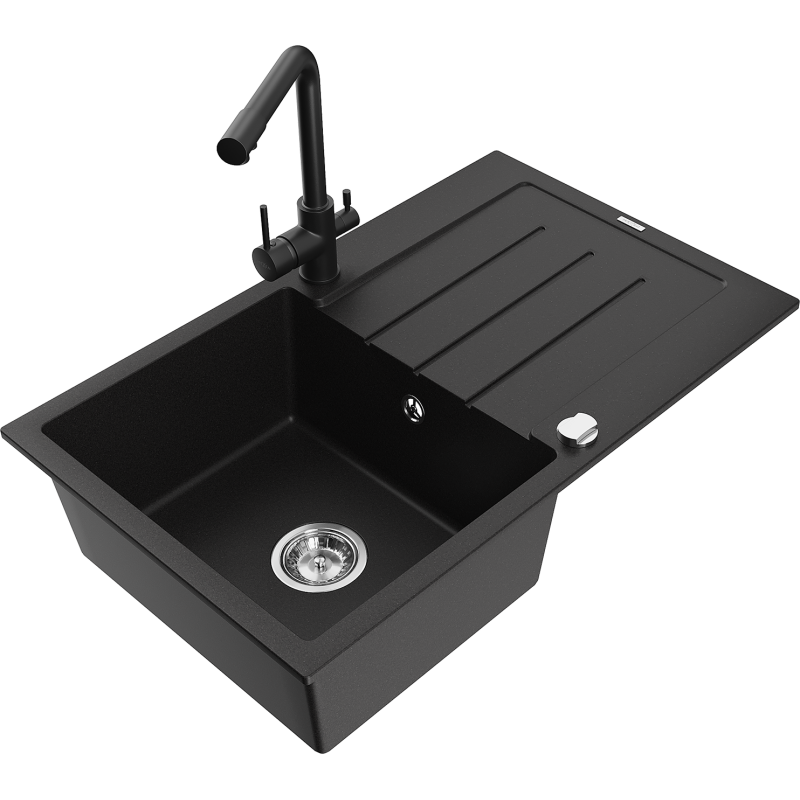 Mexen Bruno 1-bowl granite sink with drainer and Duero kitchen tap, black - 6513-77-671600-70