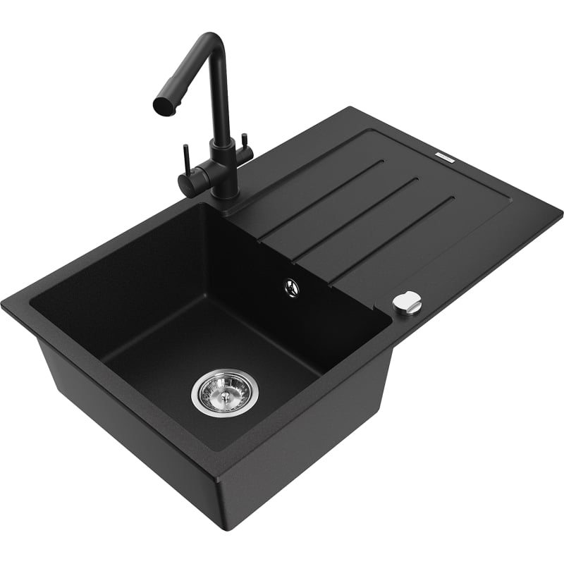 Mexen Bruno granite sink 1-bowl with drainer and kitchen faucet Duero, black - 6513-77-671600-70