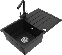 Mexen Bruno 1-bowl granite sink with drainer and Duero kitchen tap, black - 6513-77-671600-70