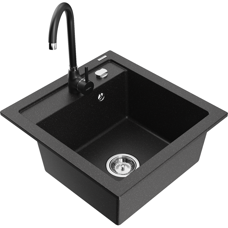 Mexen Vito granite sink 1-bowl with Telma kitchen faucet, black/silver metallic - 6503-73-670200-70