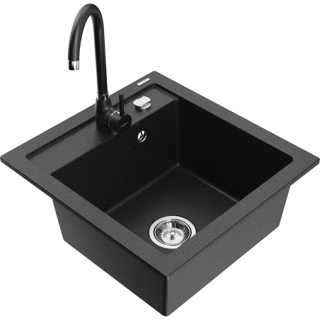 Mexen Vito granite sink 1-bowl with Telma kitchen faucet, black/silver metallic - 6503-73-670200-70