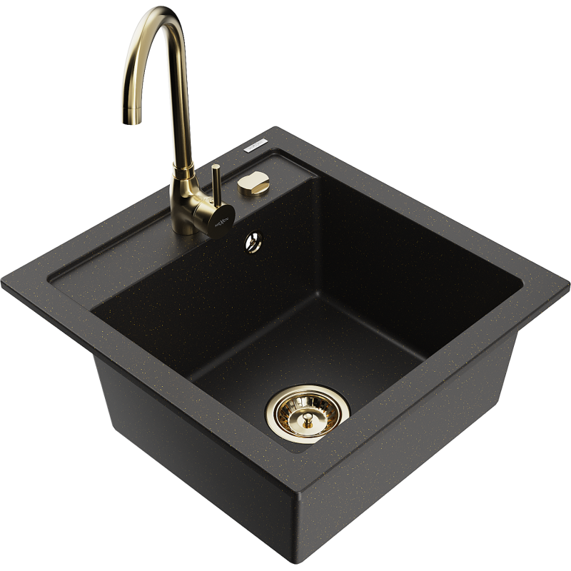 Mexen Vito 1-compartment granite sink with kitchen mixer tap Telma, Black/Metallic gold - 6503-75-670200-50