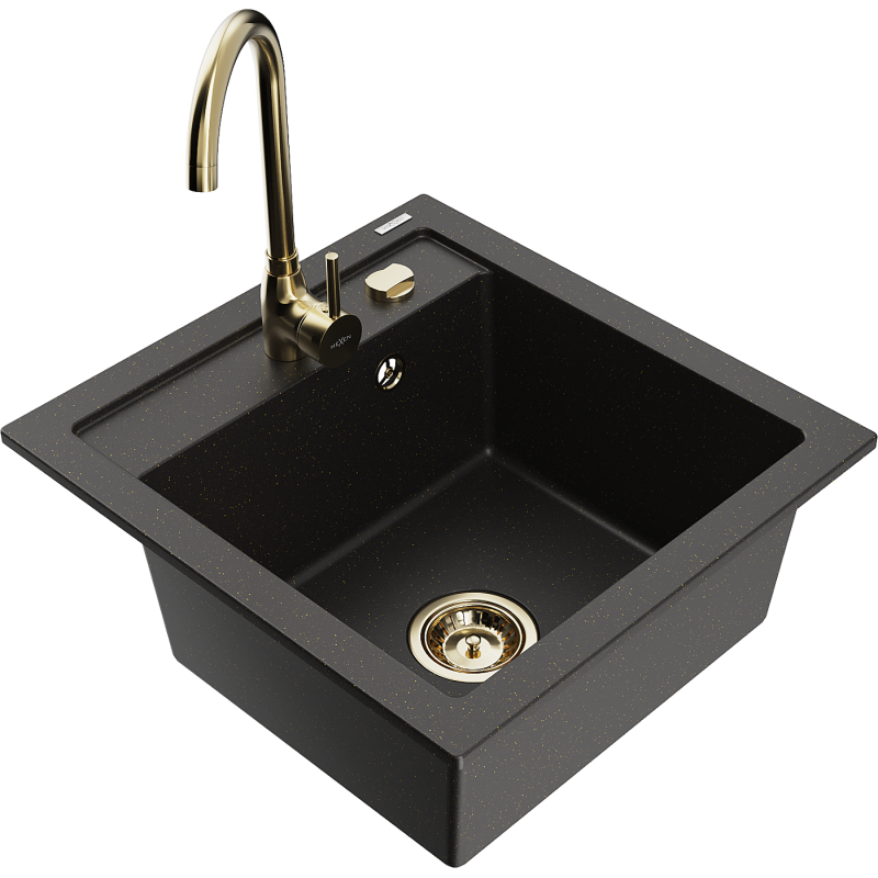 Mexen Vito granite sink with 1 basin and Telma kitchen faucet, black/gold metallic - 6503-75-670200-50