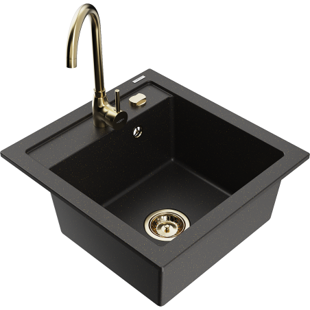 Mexen Vito 1-compartment granite sink with kitchen mixer tap Telma, Black/Metallic gold - 6503-75-670200-50