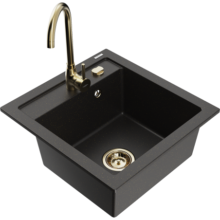 Mexen Vito granite sink with 1 basin and Telma kitchen faucet, black/gold metallic - 6503-75-670200-50