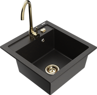 Mexen Vito granite sink with 1 basin and Telma kitchen faucet, black/gold metallic - 6503-75-670200-50