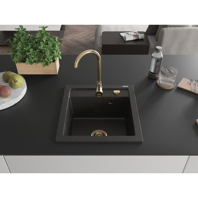 Mexen Vito granite sink with 1 basin and Telma kitchen faucet, black/gold metallic - 6503-75-670200-50