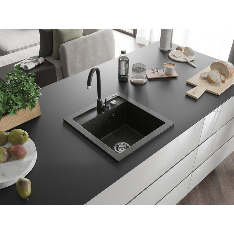 Mexen Vito granite sink single bowl with Telma kitchen faucet, black/gold metallic - 6503-75-670200-70