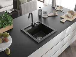 Mexen Vito granite sink single bowl with Telma kitchen faucet, black/gold metallic - 6503-75-670200-70