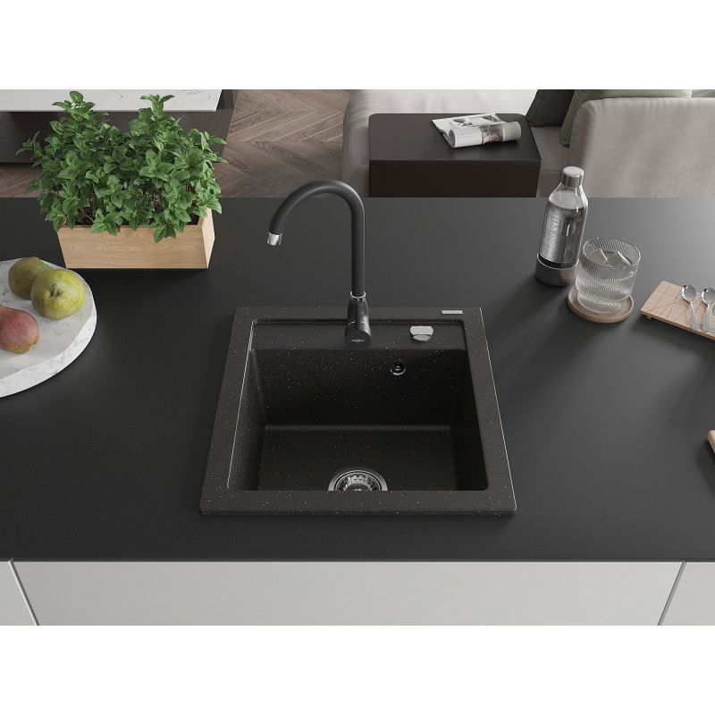 Mexen Vito granite sink 1-bowl with Telma kitchen tap, black/gold metallic - 6503-75-670200-70