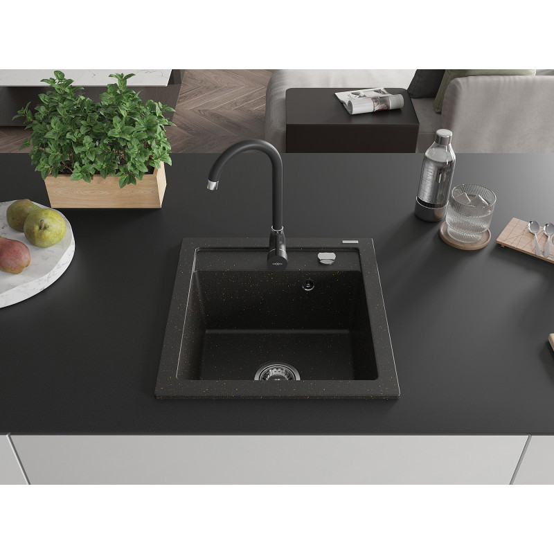 Mexen Vito granite sink single bowl with Telma kitchen faucet, black/gold metallic - 6503-75-670200-70