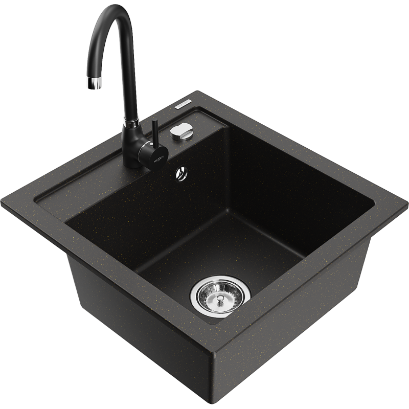 Mexen Vito granite sink 1-bowl with Telma kitchen tap, black/gold metallic - 6503-75-670200-70