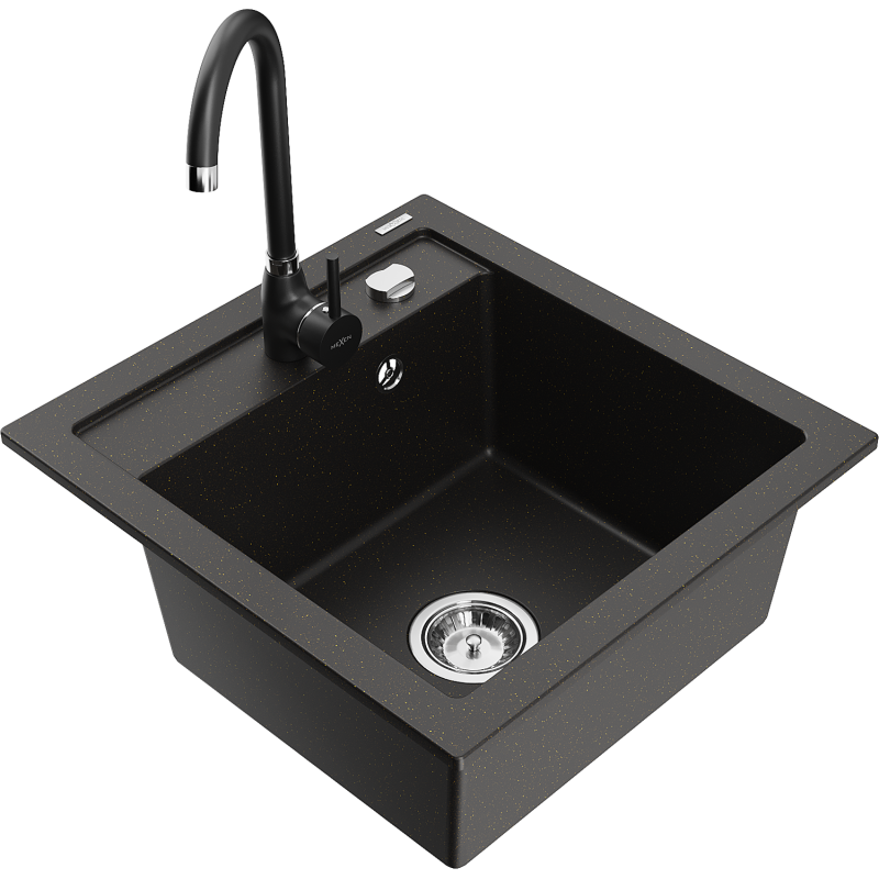 Mexen Vito granite sink single bowl with Telma kitchen faucet, black/gold metallic - 6503-75-670200-70