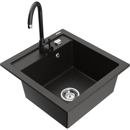 Mexen Vito granite sink single bowl with Telma kitchen faucet, black/gold metallic - 6503-75-670200-70