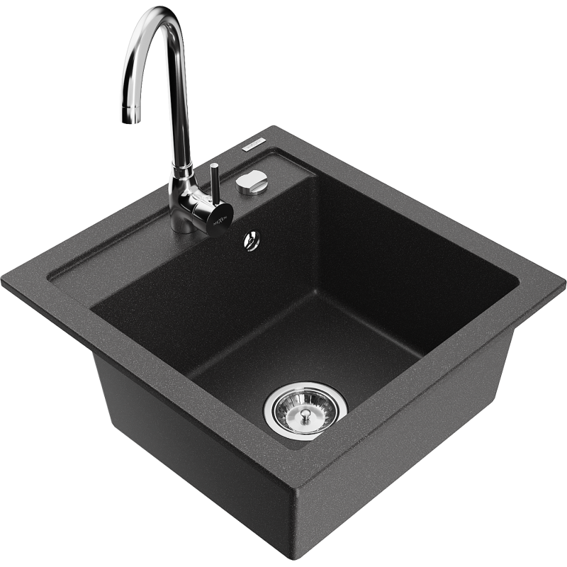 Mexen Vito 1-bowl granite sink with Telma kitchen faucet, speckled black - 6503-76-670200-00