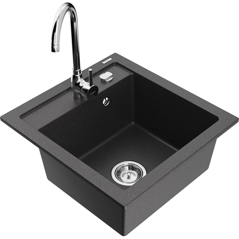 Mexen Vito granite kitchen sink 1-bowl with Telma kitchen faucet, black speckled - 6503-76-670200-00
