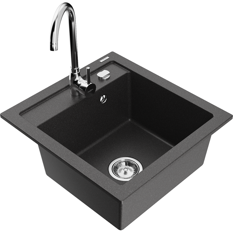 Mexen Vito granite sink 1-bowl with Telma kitchen tap, black speckled - 6503-76-670200-00