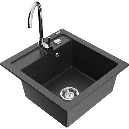 Mexen Vito granite kitchen sink 1-bowl with Telma kitchen faucet, black speckled - 6503-76-670200-00