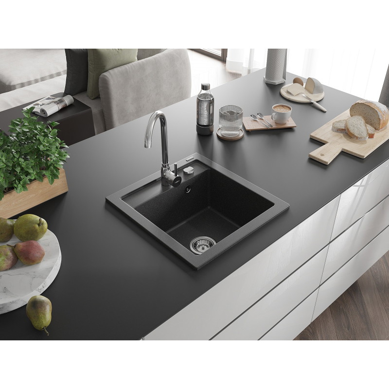 Mexen Vito granite kitchen sink 1-bowl with Telma kitchen faucet, black speckled - 6503-76-670200-00