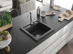 Mexen Vito 1-bowl granite sink with Telma kitchen faucet, speckled black - 6503-76-670200-00