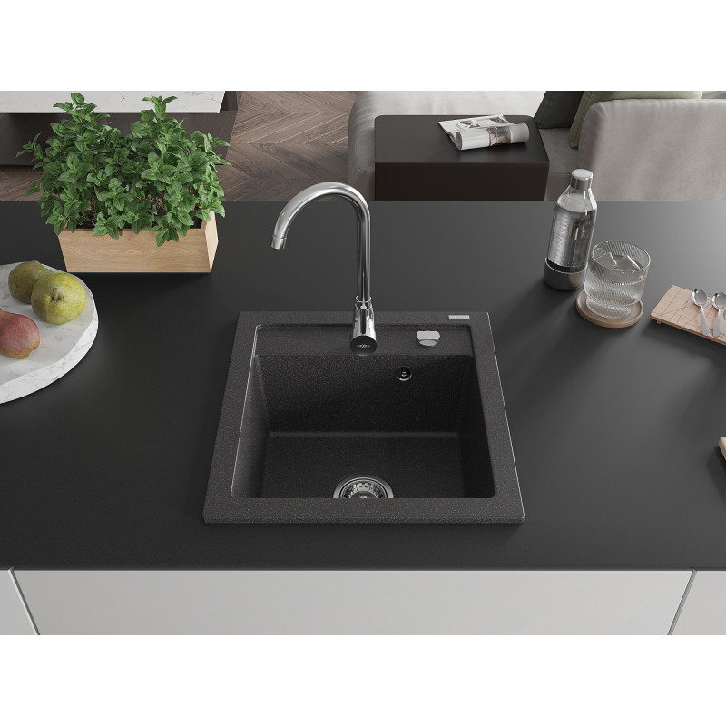 Mexen Vito granite kitchen sink 1-bowl with Telma kitchen faucet, black speckled - 6503-76-670200-00