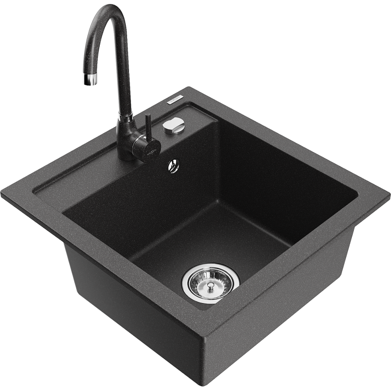 Mexen Vito granite kitchen sink 1-bowl with Telma kitchen tap, black speckled - 6503-76-670200-76
