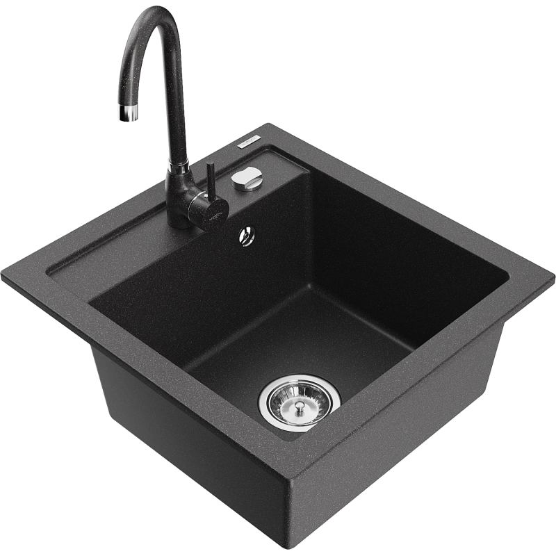 Mexen Vito granite single-bowl sink with kitchen faucet Telma, black speckled - 6503-76-670200-76