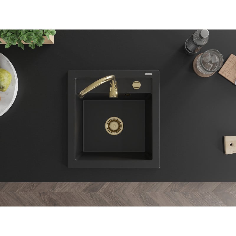 Mexen Vito 1-bowl granite sink with Telma kitchen faucet, black - 6503-77-670200-50
