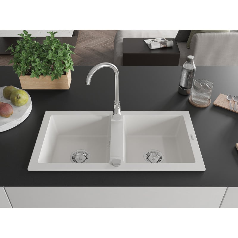 Mexen Mario 2-bowl granite sink with Telma kitchen faucet, white - 6504-20-670200-00