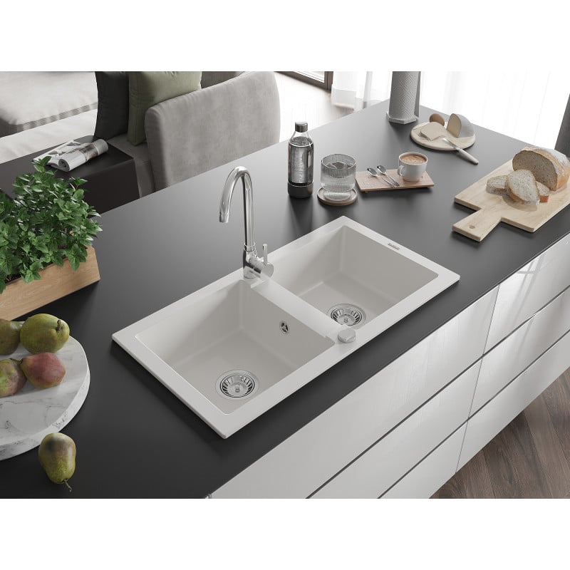 Mexen Mario 2-bowl granite sink with Telma kitchen faucet, white - 6504-20-670200-00