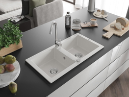 Mexen Mario 2-bowl granite sink with Telma kitchen faucet, white - 6504-20-670200-00