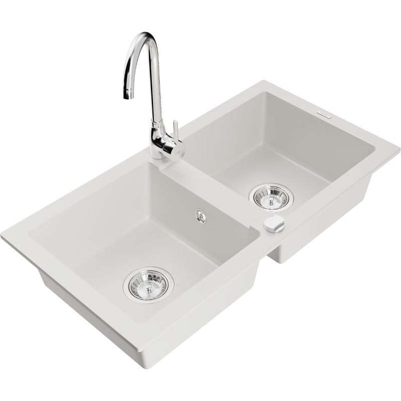Mexen Mario 2-bowl granite sink with Telma kitchen faucet, white - 6504-20-670200-00